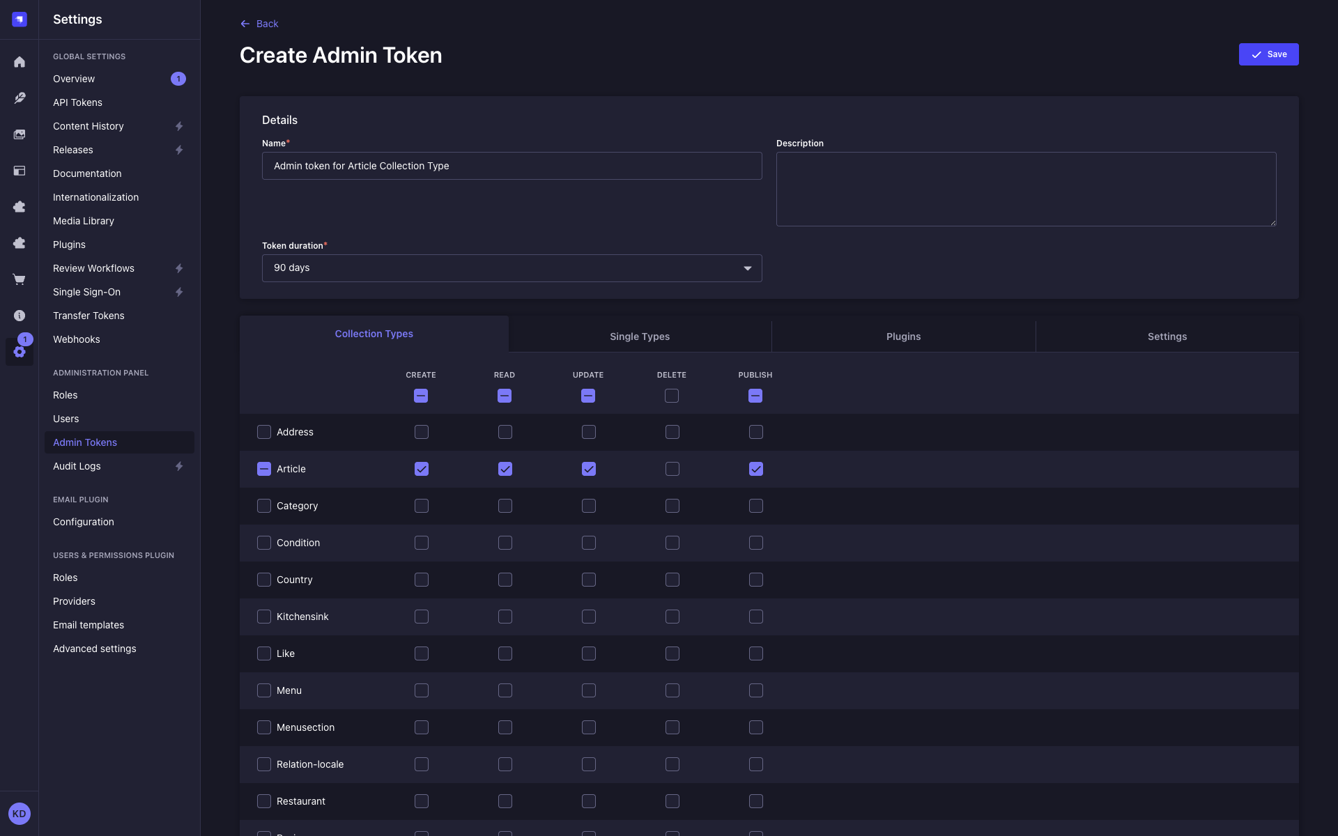 Admin token permissions